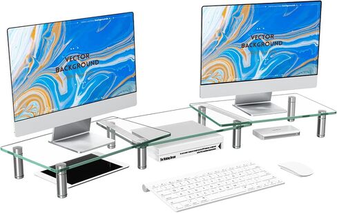 Zimilar Dual Glass Monitor Stand Riser, 3-Shelf Tempered Glass Monitor Stand, Clear Monitor Riser for 2 Monitors, Adjustable Length& Angle Computer Monitor Riser for Computer, Laptop, PC in Kuwait
