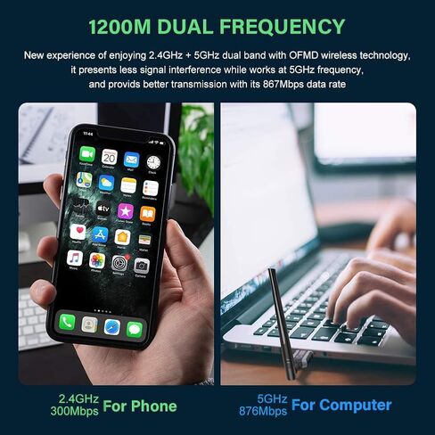 محول واي فاي، محول XDO 1200Mbps شبكة لاسلكي USB 3.0 ثنائي النطاق 2.4 جيجا هرتز/ 5 جيجا هرتز 5dBi هوائي عالي الكسب 802.11ac للكمبيوتر المكتبي يدعم ويندوز 11/10/8/7/Vista/XP Mac OS 10.9-10.15 in Kuwait