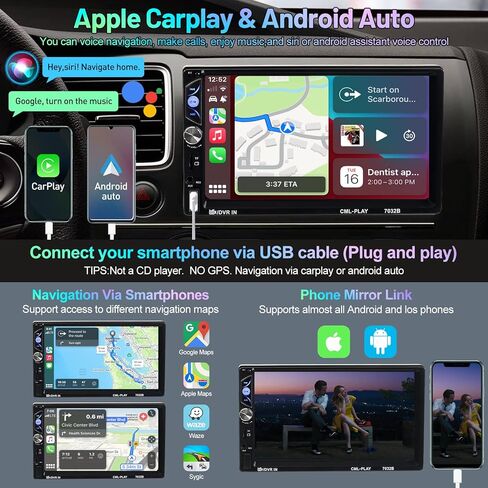 ستيريو سيارة ACTASIAN Double Din مع Apple Carplay وAndroid Auto، راديو سيارة بشاشة لمس 7 بوصة مع كاميرا احتياطية، بلوتوث، وصلة مرآة، FM/MP3/USB/TF/SWC/مضخم صوت، مدخل Aux in Kuwait