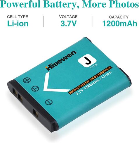 Hisewen EN-EL19 بطارية 2 حزمة وشاحن لنيكون Coolpix S32، S33، S100، S2800، S3100، S3200، S3300، S3500، S3600، S3700، S4100، S4200، S4300، S5200، S5300، S6500، S6800، S700 0 in Saudi Arabia
