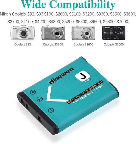 Hisewen EN-EL19 بطارية 2 حزمة وشاحن لنيكون Coolpix S32، S33، S100، S2800، S3100، S3200، S3300، S3500، S3600، S3700، S4100، S4200، S4300، S5200، S5300، S6500، S6800، S700 0 in Saudi Arabia