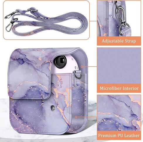 حافظة Fintie الواقية لكاميرا Fujifilm Instax Mini 12 الفورية - غطاء حقيبة من الجلد النباتي الفاخر مع حزام قابل للتعديل قابل للإزالة، رخام أرجواني in Saudi Arabia