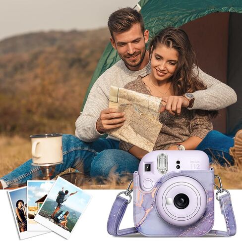 حافظة Fintie الواقية لكاميرا Fujifilm Instax Mini 12 الفورية - غطاء حقيبة من الجلد النباتي الفاخر مع حزام قابل للتعديل قابل للإزالة، رخام أرجواني in Saudi Arabia