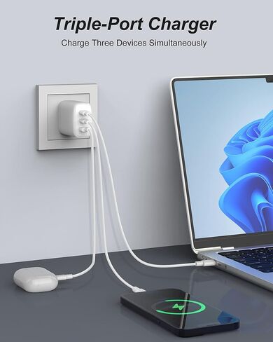 شاحن USB c بقدرة 65 وات، شاحن GaN PD 3.0 من النوع c، كتلة شحن سريعة قابلة للطي 3 منافذ لأجهزة MacBook Pro/Air، iPad Pro، أجهزة الكمبيوتر المحمولة، الأجهزة اللوحية، Galaxy S23، Dell XPS 13، Note 20/10+، iPhone 14/Pro، Steam Deck أسود in Kuwait