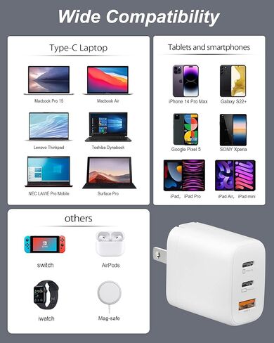 شاحن USB c بقدرة 65 وات، شاحن GaN PD 3.0 من النوع c، كتلة شحن سريعة قابلة للطي 3 منافذ لأجهزة MacBook Pro/Air، iPad Pro، أجهزة الكمبيوتر المحمولة، الأجهزة اللوحية، Galaxy S23، Dell XPS 13، Note 20/10+، iPhone 14/Pro، Steam Deck أسود in Kuwait