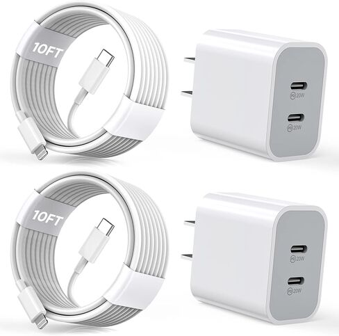 iPhone Charger [Apple MFi Certified] 2Pack PD Dual USB C Charger Block Fast Charging Wall Charger Plug with 10FT Long Rapid Type C - Lightning Cable Apple Charger for iPhone 14/13/12/11/XS/XR/SE, iPad in Kuwait