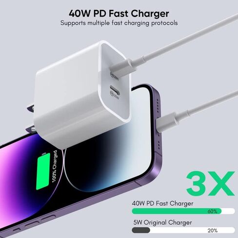 iPhone Charger [Apple MFi Certified] 2Pack PD Dual USB C Charger Block Fast Charging Wall Charger Plug with 10FT Long Rapid Type C - Lightning Cable Apple Charger for iPhone 14/13/12/11/XS/XR/SE, iPad in Kuwait