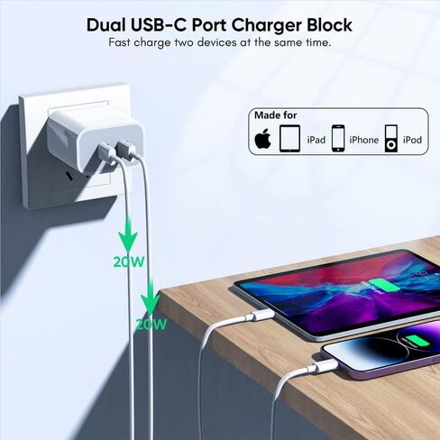 iPhone Charger [Apple MFi Certified] 2Pack PD Dual USB C Charger Block Fast Charging Wall Charger Plug with 10FT Long Rapid Type C - Lightning Cable Apple Charger for iPhone 14/13/12/11/XS/XR/SE, iPad in Kuwait