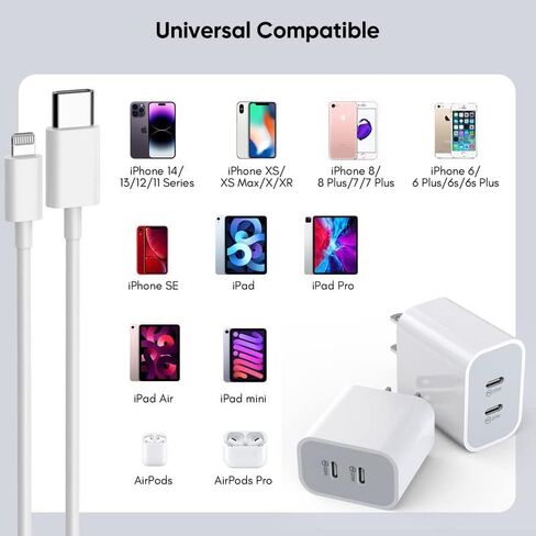iPhone Charger [Apple MFi Certified] 2Pack PD Dual USB C Charger Block Fast Charging Wall Charger Plug with 10FT Long Rapid Type C - Lightning Cable Apple Charger for iPhone 14/13/12/11/XS/XR/SE, iPad in Kuwait