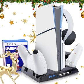 حامل تبريد نحيف SIKEMAY PS5 مع محطة شحن وحدة تحكم متوافقة مع وحدة تحكم Playstation 5 Slim، ملحق PS5 Slim متضمن. مروحة تبريد، حامل سماعات، 3 موزع USB، 8 فتحات ألعاب - أسود in Kuwait