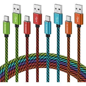 Teyssor USB C Cable, Nylon Braided USB A to Type C Charger Cable [10ft, 5-Pack] Fast Charging Cord Compatible with Samsung Galaxy S10 S9 S8, Note 20 10 9 8, Moto G7 G8 Type C Cable