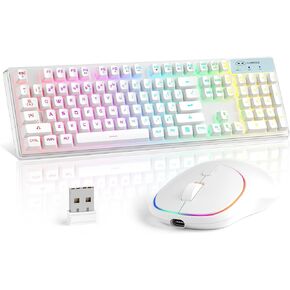 Wireless Gaming Keyboard and Mouse Combo, MageGee V550 2.4G Rechargeable RGB Backlit Keyboard with Clear Shell, Full Size Waterproof Keyboard & 1600DPI LED Mice for PC/Laptop - White in Kuwait