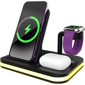 قاعدة شحن لاسلكية 3 في 1 لأجهزة Apple مع LED ومحول، شاحن مكتبي لهاتف iPhone 15,14,13,12 Pro/Max/Mini/Plus، ساعة 8/7/6/SE/5/4، Airpods 3/ 2/برو in Kuwait