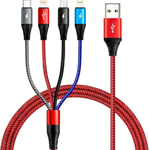 كابل شحن متعدد 3.5 أمبير، 2 حزمة سلك شحن متعدد 6 أقدام مضفر 4 في 1 كابل USB متعدد كابل شاحن سريع مع منافذ Lightning/Type C/Micro USB للهواتف المحمولة/iPhone/Samsung/iPad/PS/الأجهزة اللوحية والمزيد in Kuwait