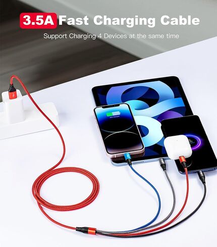 كابل شحن متعدد 3.5 أمبير، 2 حزمة سلك شحن متعدد 6 أقدام مضفر 4 في 1 كابل USB متعدد كابل شاحن سريع مع منافذ Lightning/Type C/Micro USB للهواتف المحمولة/iPhone/Samsung/iPad/PS/الأجهزة اللوحية والمزيد in Kuwait
