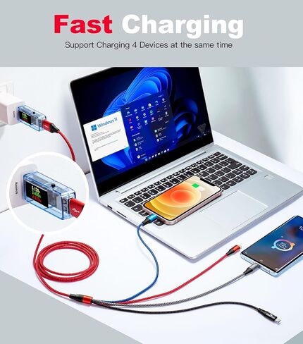 كابل شحن متعدد 3.5 أمبير، 2 حزمة سلك شحن متعدد 6 أقدام مضفر 4 في 1 كابل USB متعدد كابل شاحن سريع مع منافذ Lightning/Type C/Micro USB للهواتف المحمولة/iPhone/Samsung/iPad/PS/الأجهزة اللوحية والمزيد in Kuwait