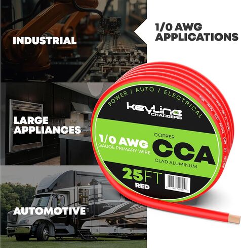 1/0 Gauge Amp Wire - 25ft Red | Best Used for Battery Cable, Marine Speaker Wiring, Solar Systems for RV Trailer, Car Audio Speaker, 8 AWG Automotive Copper Clad Aluminum (CCA) in Kuwait