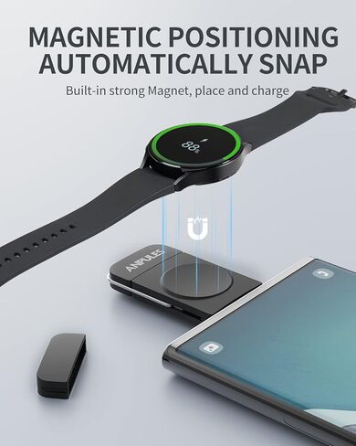 شاحن ساعة محمول لساعة سامسونج جالاكسي 5 - شاحن ساعة انبوليز USB C وUSB A [OTG] لساعة جالاكسي ووتش، شاحن لاسلكي مغناطيسي لساعة جالاكسي 4/4 كلاسيك/3/جالاكسي اكتيف 2 (اسود) in Kuwait