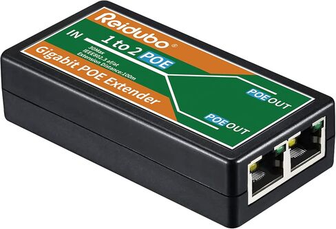 Reidubo 2 Port Gigabit PoE Extender Repeater | 1in 2 Out | 1000Mbps | Extend Additional 100m Distance|Compliant 802.3af/at | Plug and Play | for Security PoE IP Camera,Over Cat5/Cat6 Cables. in Kuwait