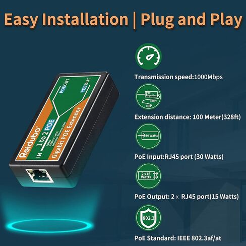 Reidubo 2 Port Gigabit PoE Extender Repeater | 1in 2 Out | 1000Mbps | Extend Additional 100m Distance|Compliant 802.3af/at | Plug and Play | for Security PoE IP Camera,Over Cat5/Cat6 Cables. in Kuwait