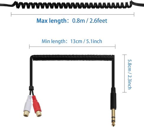 كابل محول Poyiccot RCA إلى 1/4، 6.35 مم 1/4 بوصة TRS إلى كابل صوت RCA ملفوف زنبركي 6.35 مم مقبس استريو إلى كابل إدخال RCA مزدوج Y مقسم RCA إلى 1/4 كابل قطع ستيريو، 2.6 قدم in Kuwait