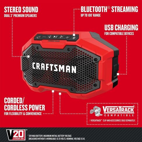 Craftsman V20 Bluetooth Speaker with Lithium Ion Battery, 2.0-Amp Hour, Charger Sold Separately (CMCR001B & CMCB202) in Saudi Arabia