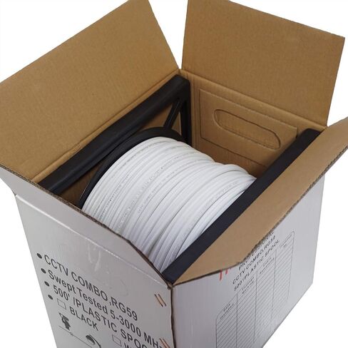 Five Star Cable 500 ft. RG59 Siamese CCTV Combo Coaxial Cable - 20AWG RG59 Video + 18/2 18AWG Power for Surviellance Security System (500 Ft, White) in Kuwait