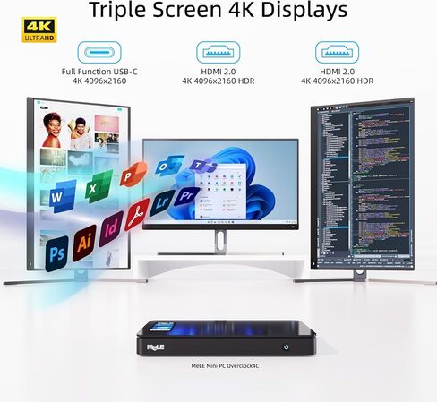 MeLE Overclock4C Mini PC Windows 11 Pro Micro PC Alder Lake N95(4C/4T، حتى 3.4 جيجا هرتز، TDP 15W) 32 جيجابايت DDR4 512 جيجابايت ROM أجهزة كمبيوتر مكتبية صغيرة مع 2 X HDMI 4K@60 هرتز، USB-C، WiFi 6، BT5.2 ، حامل VESA in Kuwait