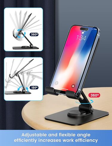 حامل هاتف قابل للطي يدور 360 درجة من STARVIKY - حامل معدني قابل للتعديل للهاتف والكمبيوتر اللوحي، مضاد للاهتزاز والسقوط، مثالي لمكالمات الفيديو والبث والألعاب ومشاركة الشاشة الجماعية (أسود) in Kuwait