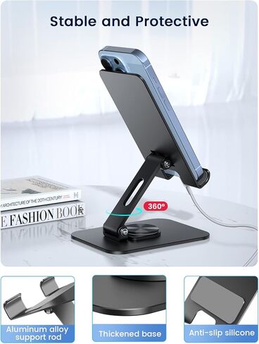 حامل هاتف قابل للطي يدور 360 درجة من STARVIKY - حامل معدني قابل للتعديل للهاتف والكمبيوتر اللوحي، مضاد للاهتزاز والسقوط، مثالي لمكالمات الفيديو والبث والألعاب ومشاركة الشاشة الجماعية (أسود) in Kuwait