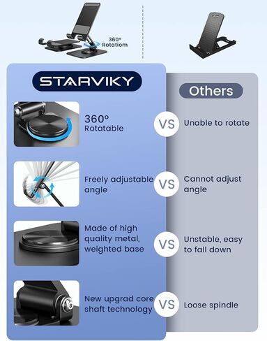 حامل هاتف قابل للطي يدور 360 درجة من STARVIKY - حامل معدني قابل للتعديل للهاتف والكمبيوتر اللوحي، مضاد للاهتزاز والسقوط، مثالي لمكالمات الفيديو والبث والألعاب ومشاركة الشاشة الجماعية (أسود) in Kuwait