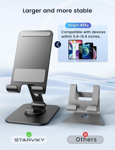 حامل هاتف قابل للطي يدور 360 درجة من STARVIKY - حامل معدني قابل للتعديل للهاتف والكمبيوتر اللوحي، مضاد للاهتزاز والسقوط، مثالي لمكالمات الفيديو والبث والألعاب ومشاركة الشاشة الجماعية (أسود) in Kuwait