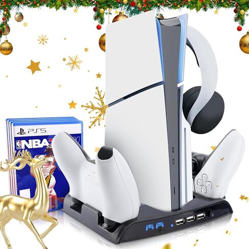 حامل تبريد نحيف SIKEMAY PS5 مع محطة شحن وحدة تحكم متوافقة مع وحدة تحكم Playstation 5 Slim، ملحق PS5 Slim متضمن. مروحة تبريد، حامل سماعات، 3 موزع USB، 8 فتحات ألعاب - أسود in Kuwait