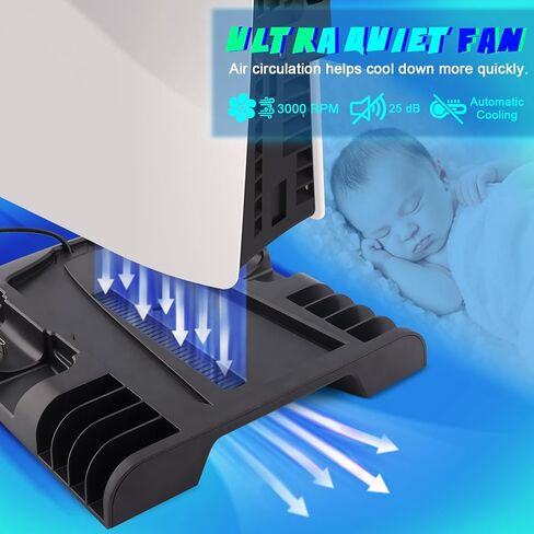 حامل تبريد نحيف SIKEMAY PS5 مع محطة شحن وحدة تحكم متوافقة مع وحدة تحكم Playstation 5 Slim، ملحق PS5 Slim متضمن. مروحة تبريد، حامل سماعات، 3 موزع USB، 8 فتحات ألعاب - أسود in Kuwait