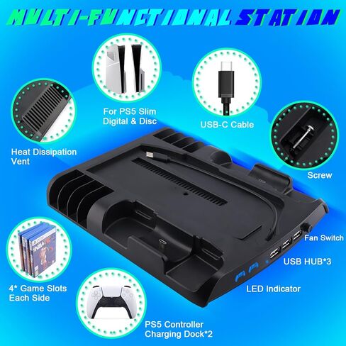 حامل تبريد نحيف SIKEMAY PS5 مع محطة شحن وحدة تحكم متوافقة مع وحدة تحكم Playstation 5 Slim، ملحق PS5 Slim متضمن. مروحة تبريد، حامل سماعات، 3 موزع USB، 8 فتحات ألعاب - أسود in Kuwait