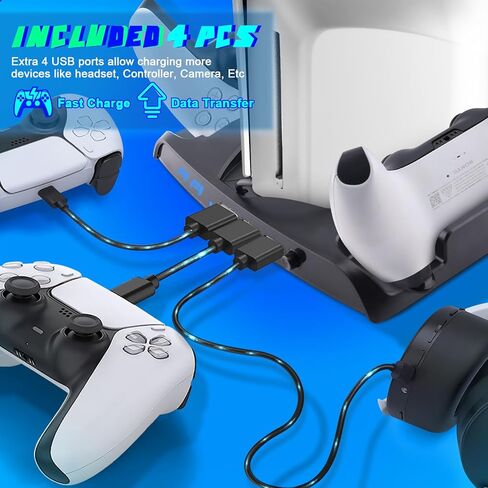 حامل تبريد نحيف SIKEMAY PS5 مع محطة شحن وحدة تحكم متوافقة مع وحدة تحكم Playstation 5 Slim، ملحق PS5 Slim متضمن. مروحة تبريد، حامل سماعات، 3 موزع USB، 8 فتحات ألعاب - أسود in Kuwait