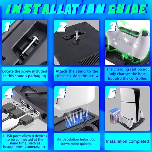 حامل تبريد نحيف SIKEMAY PS5 مع محطة شحن وحدة تحكم متوافقة مع وحدة تحكم Playstation 5 Slim، ملحق PS5 Slim متضمن. مروحة تبريد، حامل سماعات، 3 موزع USB، 8 فتحات ألعاب - أسود in Kuwait