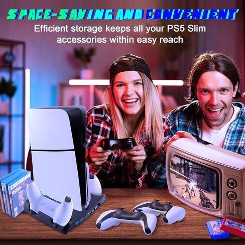 حامل تبريد نحيف SIKEMAY PS5 مع محطة شحن وحدة تحكم متوافقة مع وحدة تحكم Playstation 5 Slim، ملحق PS5 Slim متضمن. مروحة تبريد، حامل سماعات، 3 موزع USB، 8 فتحات ألعاب - أسود in Kuwait