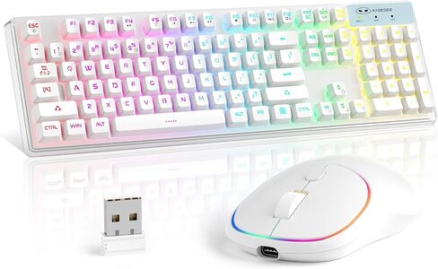 مجموعة لوحة مفاتيح وماوس لاسلكية للألعاب، لوحة مفاتيح MageGee V550 2.4G قابلة لإعادة الشحن بإضاءة خلفية RGB مع غطاء شفاف، لوحة مفاتيح كاملة الحجم مقاومة للماء وماوس LED 1600 نقطة في البوصة للكمبيوتر الشخصي/الكمبيوتر المحمول - أبيض in Kuwait