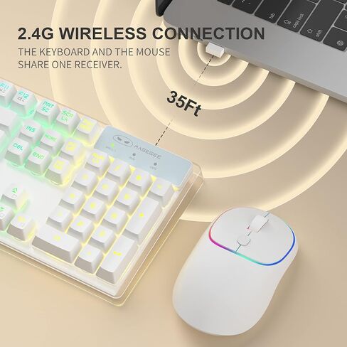 مجموعة لوحة مفاتيح وماوس لاسلكية للألعاب، لوحة مفاتيح MageGee V550 2.4G قابلة لإعادة الشحن بإضاءة خلفية RGB مع غطاء شفاف، لوحة مفاتيح كاملة الحجم مقاومة للماء وماوس LED 1600 نقطة في البوصة للكمبيوتر الشخصي/الكمبيوتر المحمول - أبيض in Kuwait