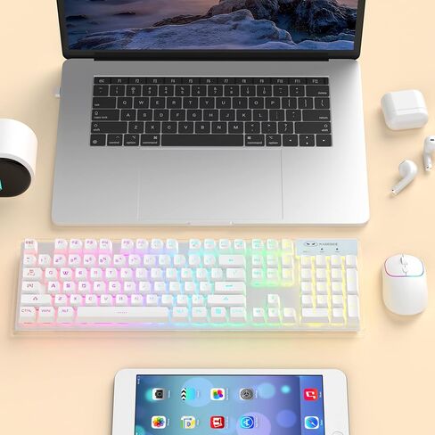 مجموعة لوحة مفاتيح وماوس لاسلكية للألعاب، لوحة مفاتيح MageGee V550 2.4G قابلة لإعادة الشحن بإضاءة خلفية RGB مع غطاء شفاف، لوحة مفاتيح كاملة الحجم مقاومة للماء وماوس LED 1600 نقطة في البوصة للكمبيوتر الشخصي/الكمبيوتر المحمول - أبيض in Kuwait