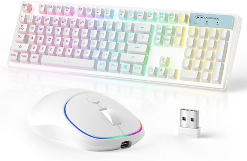 مجموعة لوحة مفاتيح وماوس لاسلكية للألعاب، لوحة مفاتيح MageGee V550 2.4G قابلة لإعادة الشحن بإضاءة خلفية RGB مع غطاء شفاف، لوحة مفاتيح كاملة الحجم مقاومة للماء وماوس LED 1600 نقطة في البوصة للكمبيوتر الشخصي/الكمبيوتر المحمول - أبيض in Kuwait