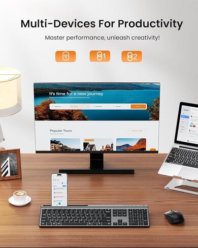 مجموعة لوحة مفاتيح وماوس لاسلكية، وضع مزدوج قابل لإعادة الشحن من Artciety (بلوتوث 5.0x2 + 2.4 جيجا) مجموعة لوحة مفاتيح وماوس كاملة الحجم، تصميم صامت فائق النحافة لجهاز Mac iPad iPhone Android Windows-أسود in Kuwait