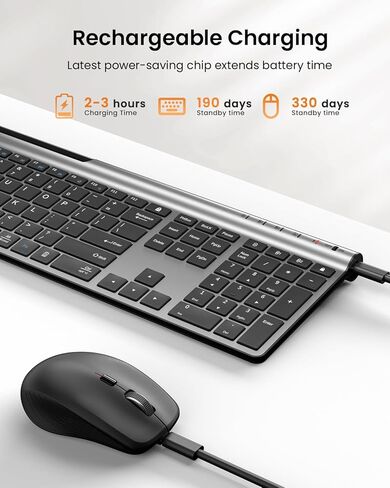 مجموعة لوحة مفاتيح وماوس لاسلكية، وضع مزدوج قابل لإعادة الشحن من Artciety (بلوتوث 5.0x2 + 2.4 جيجا) مجموعة لوحة مفاتيح وماوس كاملة الحجم، تصميم صامت فائق النحافة لجهاز Mac iPad iPhone Android Windows-أسود in Kuwait