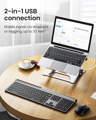 مجموعة لوحة مفاتيح وماوس لاسلكية، وضع مزدوج قابل لإعادة الشحن من Artciety (بلوتوث 5.0x2 + 2.4 جيجا) مجموعة لوحة مفاتيح وماوس كاملة الحجم، تصميم صامت فائق النحافة لجهاز Mac iPad iPhone Android Windows-أسود in Kuwait