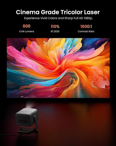 جهاز عرض JMGO N1 المحمول 1080P FHD، يدعم 4K، جهاز عرض أفلام ليزر ثلاثي الألوان MALC ™ 150 بوصة للمسرح المنزلي في الهواء الطلق، تصحيح الصور التلقائي Gimbal، 800 لومن، مكبرات صوت Dynaudio 2x5W، Android TV 11 in Kuwait