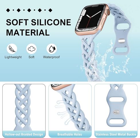 Braided Silicone Bands Compatible with Apple Watch Women Slim Thin Narrow | Breathable Hollow-out Bands for iWatch Ultra 2/3 SE 3 Series 11/10/9/8/7/6/5/4/3/2/1 38mm 40mm 41mm 42mm 44mm 45mm 46mm 49mm in Kuwait