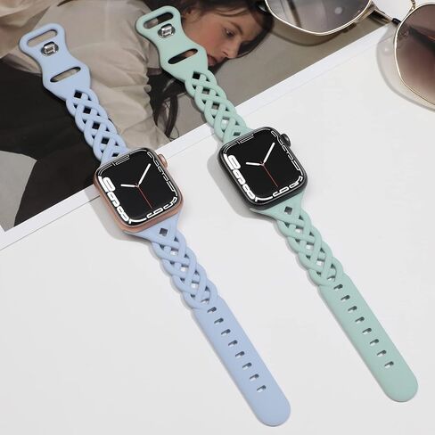 Braided Silicone Bands Compatible with Apple Watch Women Slim Thin Narrow | Breathable Hollow-out Bands for iWatch Ultra 2/3 SE 3 Series 11/10/9/8/7/6/5/4/3/2/1 38mm 40mm 41mm 42mm 44mm 45mm 46mm 49mm in Kuwait
