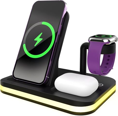 Charger Station 3 in 1 Wireless Charging Station for Apple with LED and Adapter，Desk Charger for iPhone 15,14,13,12 Pro/Max/Mini/Plus, Watch 8/7/6/SE/5/4, Airpods 3/2/Pro in Kuwait