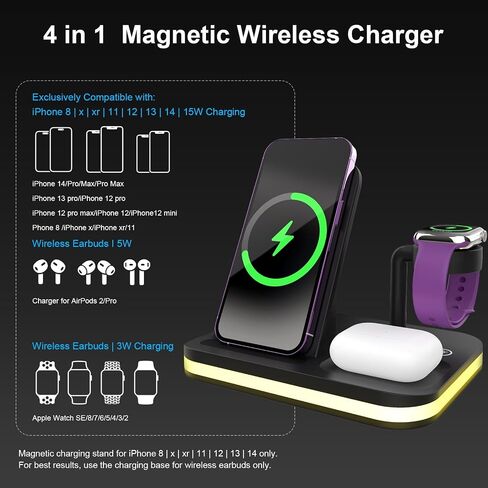 Charger Station 3 in 1 Wireless Charging Station for Apple with LED and Adapter，Desk Charger for iPhone 15,14,13,12 Pro/Max/Mini/Plus, Watch 8/7/6/SE/5/4, Airpods 3/2/Pro in Kuwait
